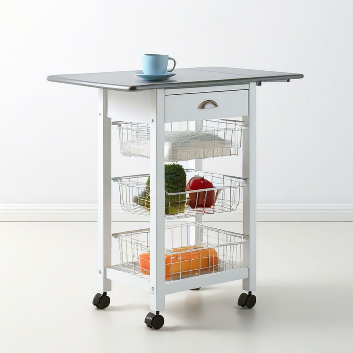 Mobiler Küchenwagen mit Klappflächen, 3 Drahtkörben und Schublade, 111 x 37 x 76 cm, Weiss