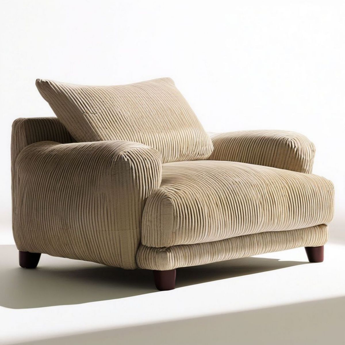 Loungesessel aus Cord in Beige mit dunkelbraunen Füssen, 110 x 92 x 82 cm
