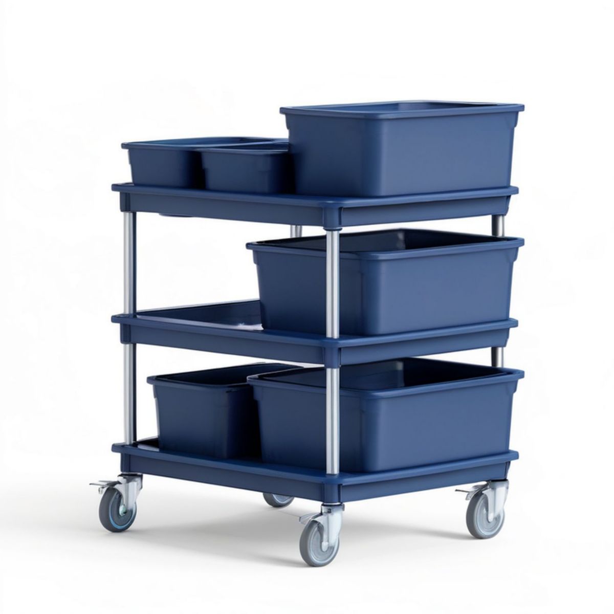 Rollwagen mit 6 Kunststoffboxen, 100 x 45 x 110 cm, Dunkelblau/Silber