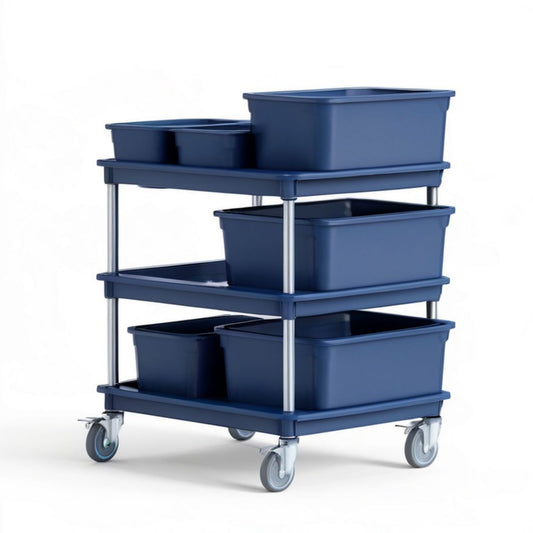 Rollwagen mit 6 Kunststoffboxen, 100 x 45 x 110 cm, Dunkelblau/Silber