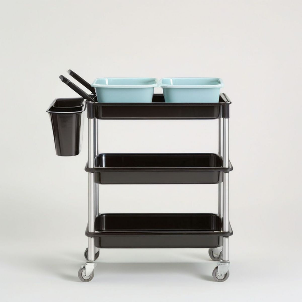 Servierwagen mit 3 Ablagen, Rollen und Seitenbehälter, Schwarz/Silber/Hellblau, 50 x 35 x 85 cm