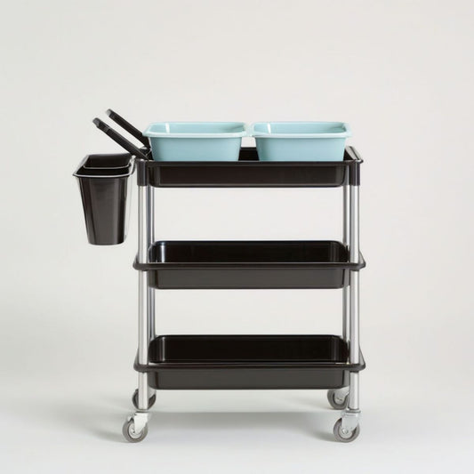 Servierwagen mit 3 Ablagen, Rollen und Seitenbehälter, Schwarz/Silber/Hellblau, 50 x 35 x 85 cm