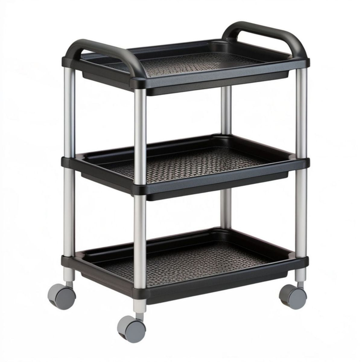 Servierwagen mit 3 Ablagen und Rollen, 43 x 35 x 78 cm, Schwarz/Silber