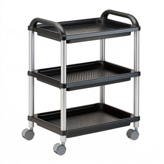 Servierwagen mit 3 Ablagen und Rollen, 43 x 35 x 78 cm, Schwarz/Silber
