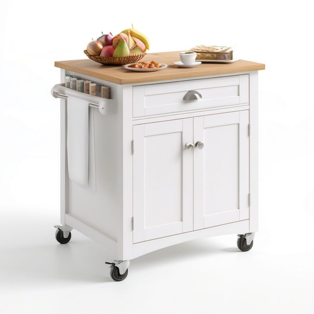 Küchenwagen mit Schublade, Schrank und Rollen, 67 x 37 x 84 cm, Weiss/Natur